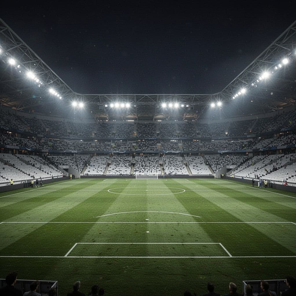 An empty, brightly lit professional football stadium viewed from a wide angle at night.
