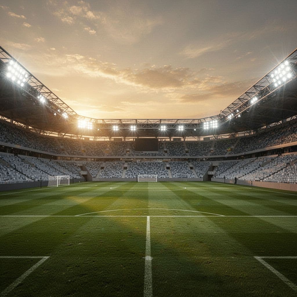 A view of a modern football stadium with a green pitch and glowing floodlights at sunset.