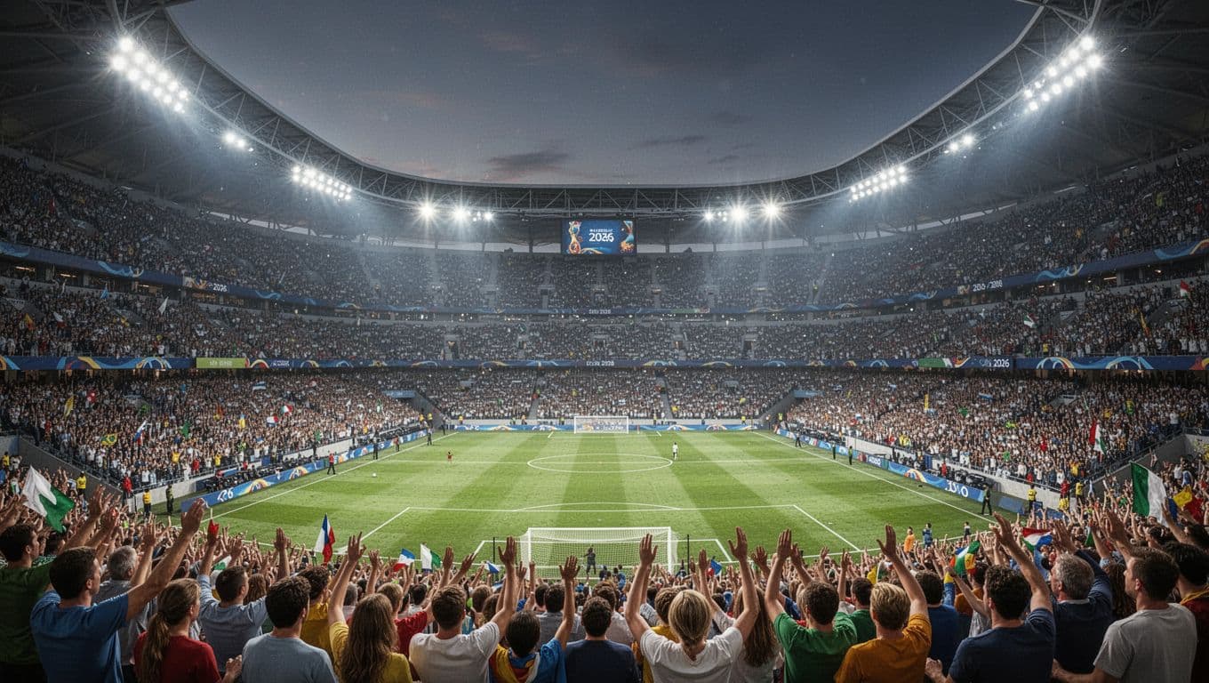Thousands of passionate fans fill the massive tiers of a state-of-the-art stadium under bright artificial floodlights. The field remains perfectly manicured and empty while the stands vibrate with intense energy.