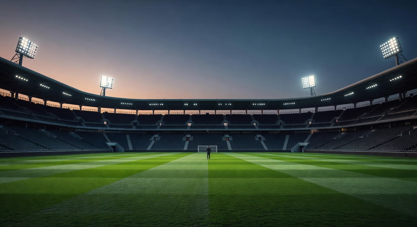 The expansive green pitch is illuminated by bright stadium floodlights against a darkening evening sky. A small, solitary figure stands in the center of the vast, empty tiered seating arena.