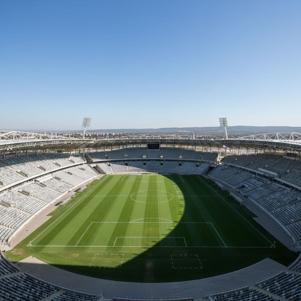 A high-angle view of an empty modern football stadium in Grozny under a clear blue sky.