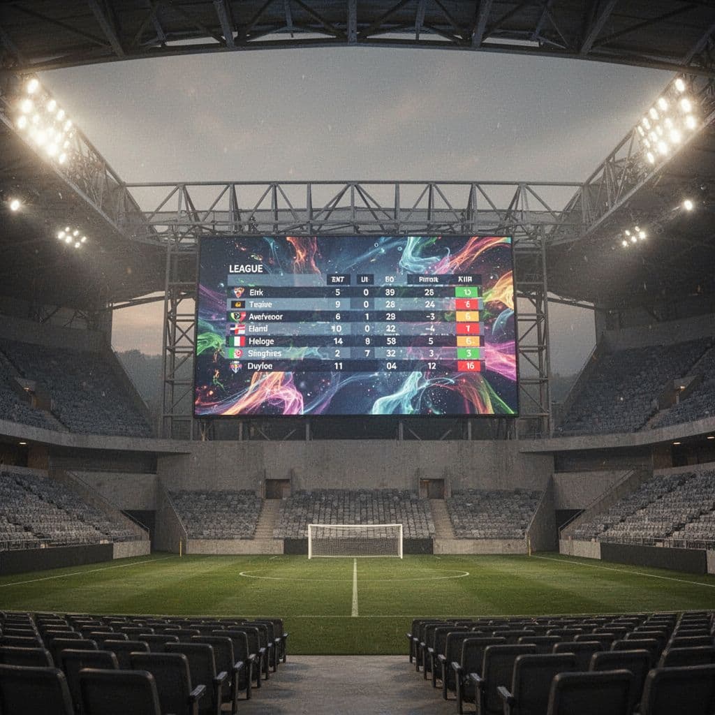 A digital stadium scoreboard displays league standings with blurred stadium lights in the background.
