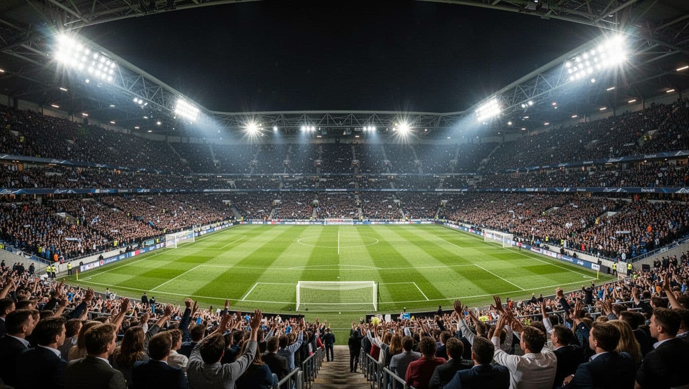 A vast illuminated soccer arena at night features lush green grass and vibrant stadium seating packed with thousands of spectators. Brilliant floodlights cast a clear glow over the professional playing pitch.