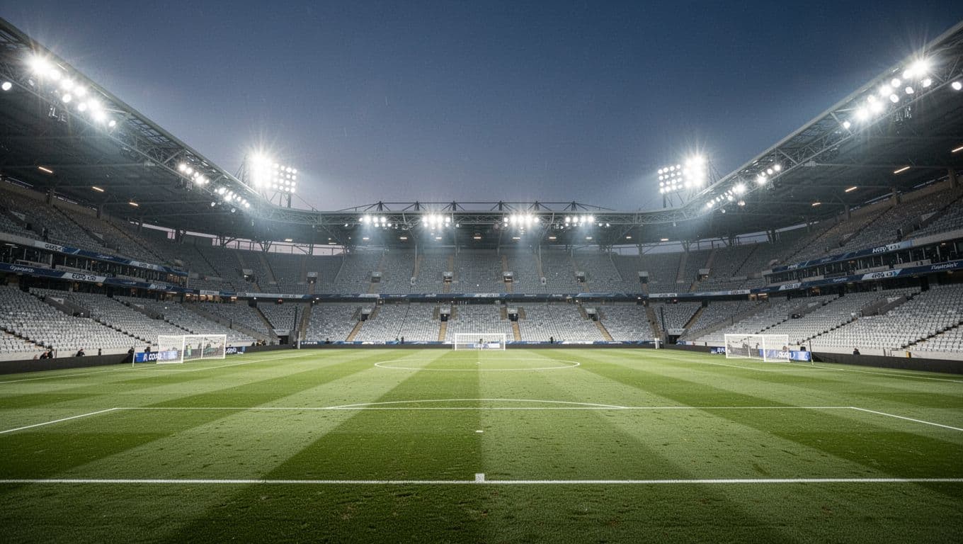 Bright floodlights cast a brilliant glow over a manicured green soccer pitch inside a vast, vacant stadium. Rows of empty seats rise toward the dark sky in this professional arena.