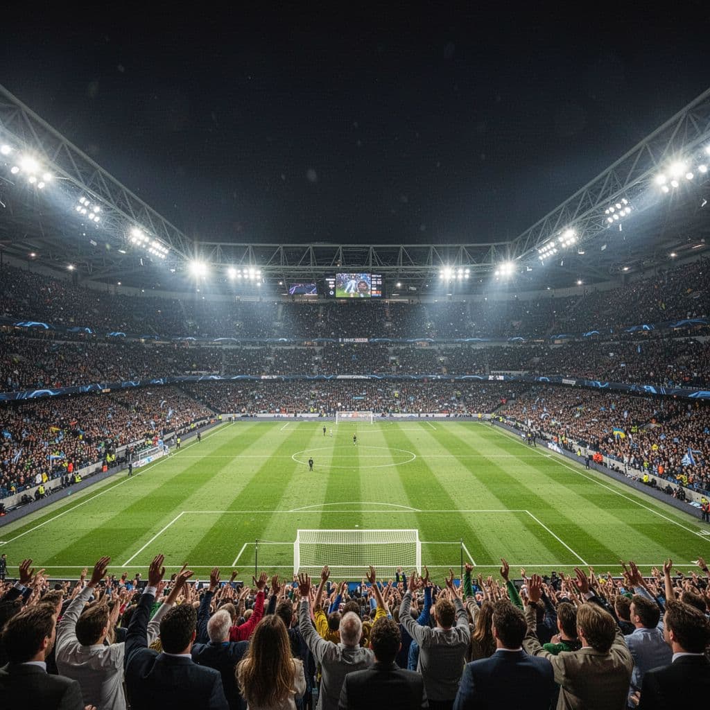 A wide view of a crowded football stadium illuminated by bright floodlights during a night game.