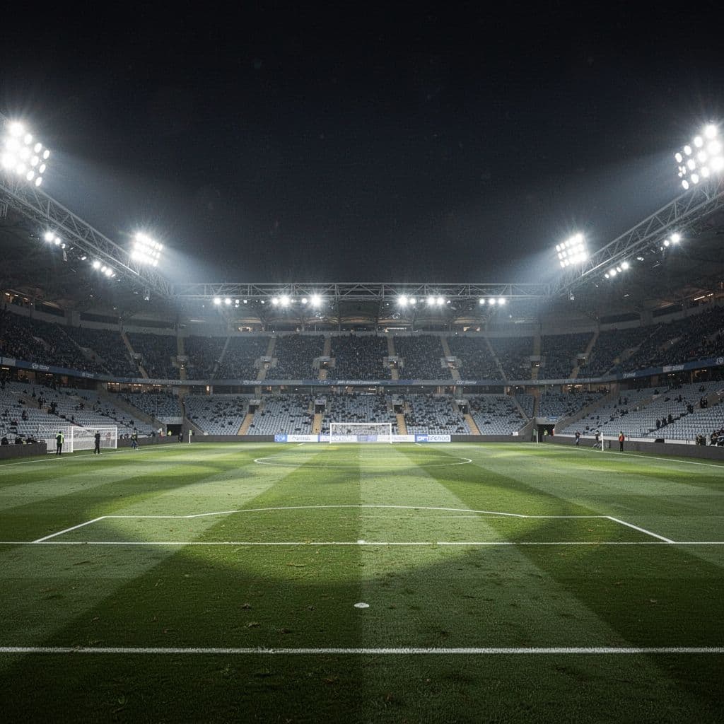 A wide-angle view of a professional football stadium pitch illuminated by bright stadium lights at night.