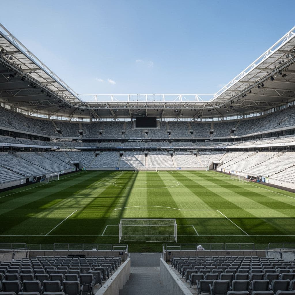A view of a pristine green football pitch inside an empty modern stadium under a clear sky.