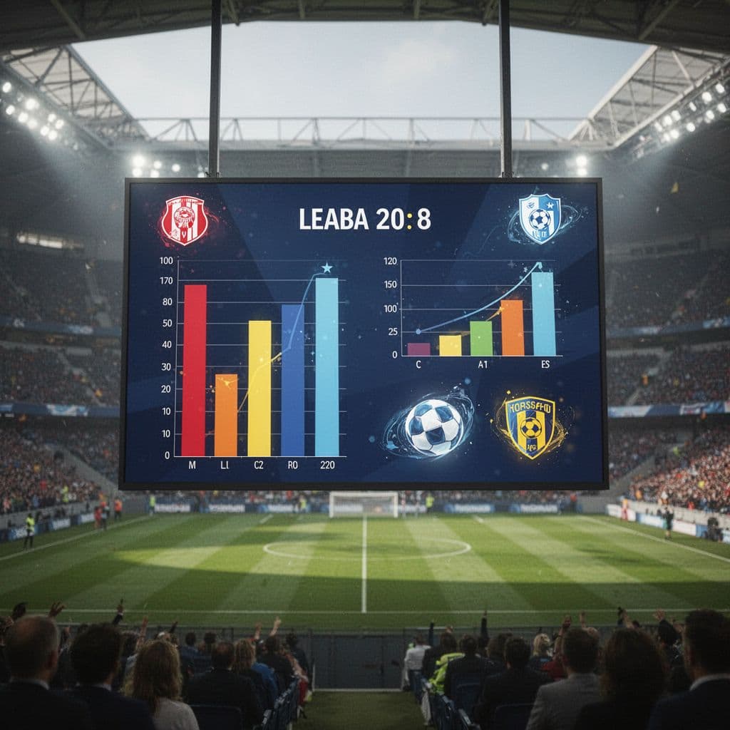 Modern football stadium scoreboard displays graphical match statistics under soft lighting.