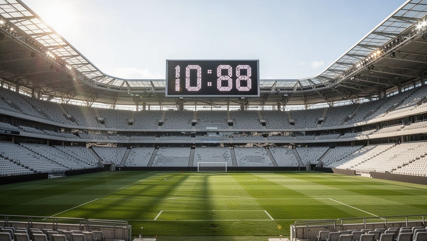 A sprawling professional football stadium captured under bright midday sun. A prominent electronic scoreboard displays group standings while the lush green pitch remains perfectly manicured for the upcoming match.
