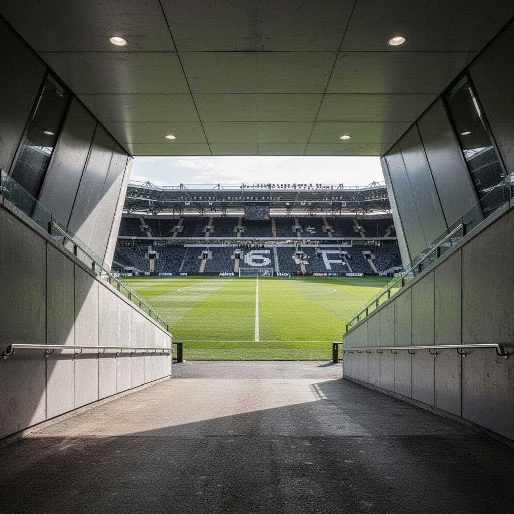 Modern football stadium tunnel leads to bright green pitch in soft daylight.