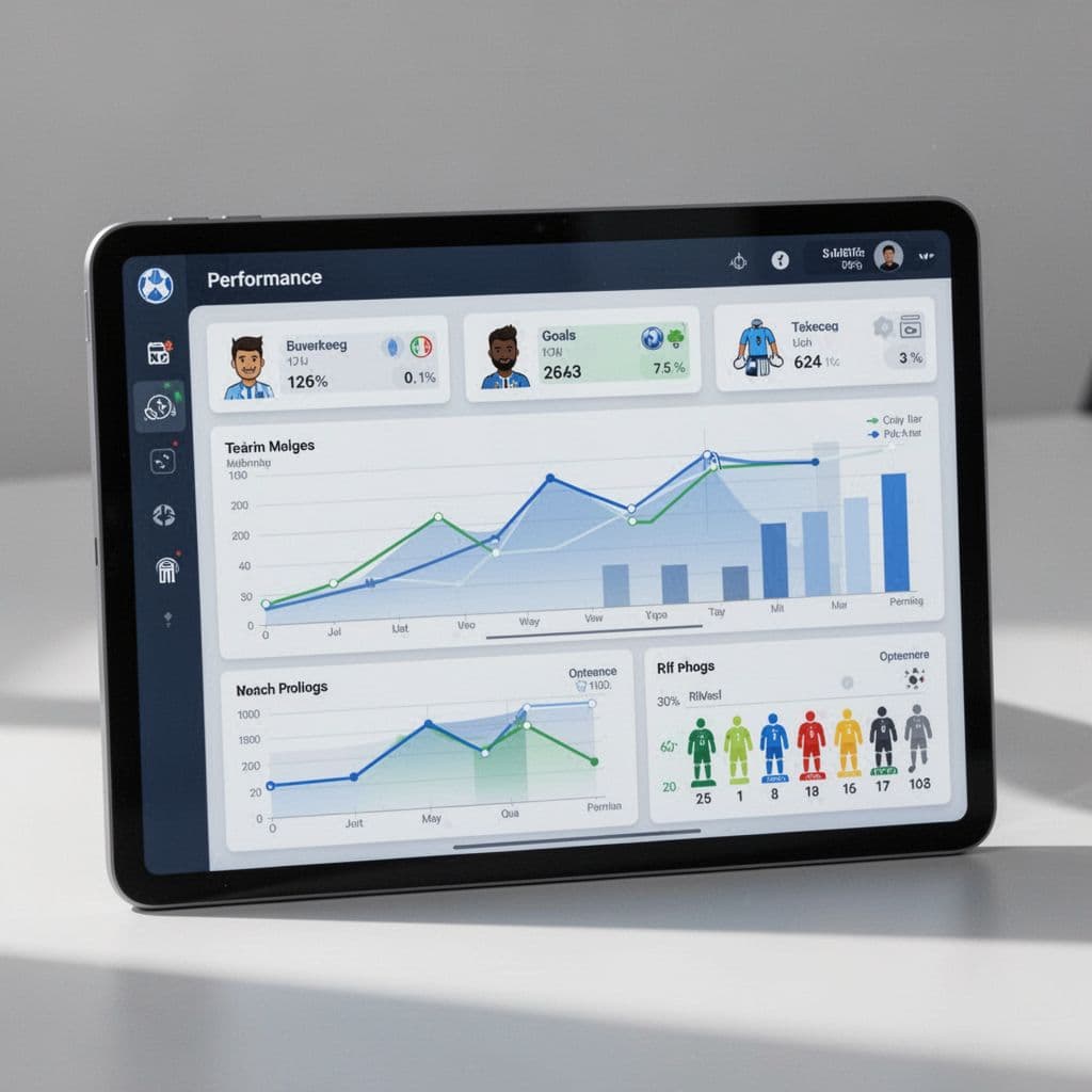 A digital tablet screen displays a clean, minimalist dashboard with football match results and performance metrics.