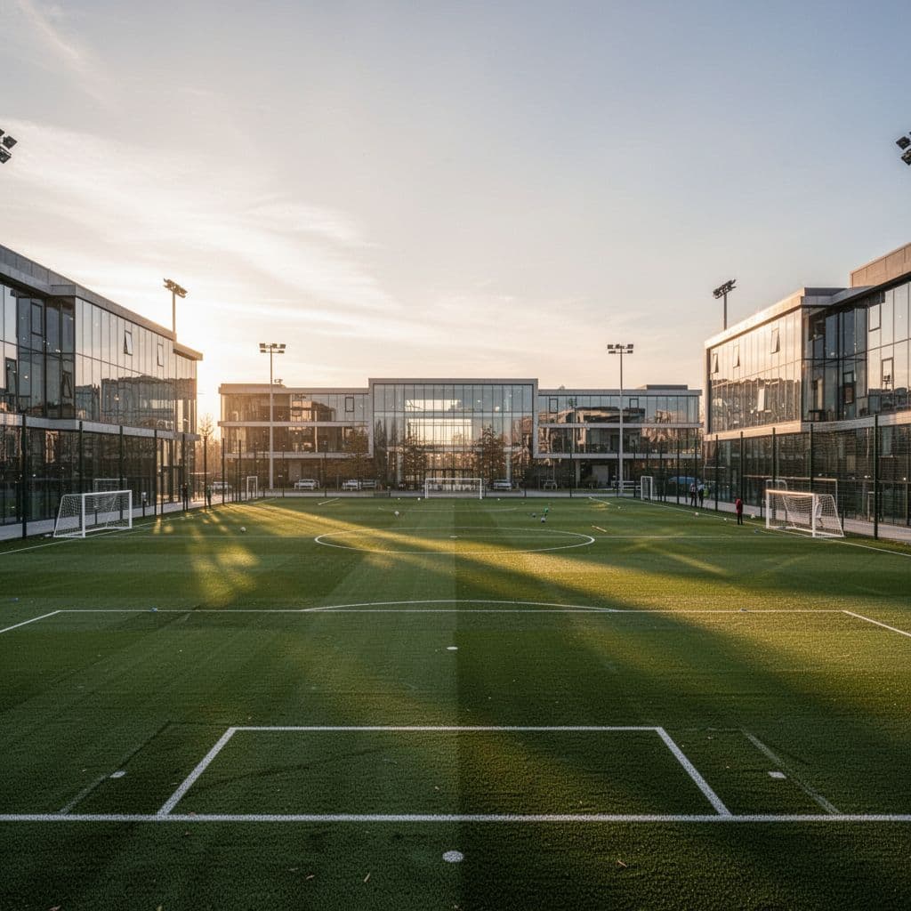 Wide shot of manicured green pitches and sleek architecture in modern football training facility at sunrise.
