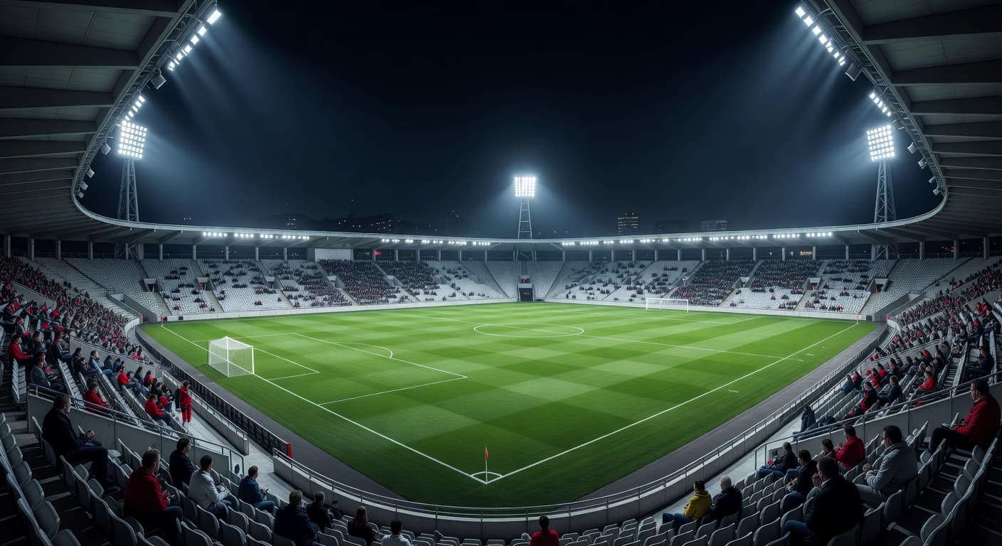 A wide-angle view of a pristine grass pitch illuminated by bright stadium floodlights during a quiet night. Tiered stands surround the emerald green field under a clear, dark evening sky.