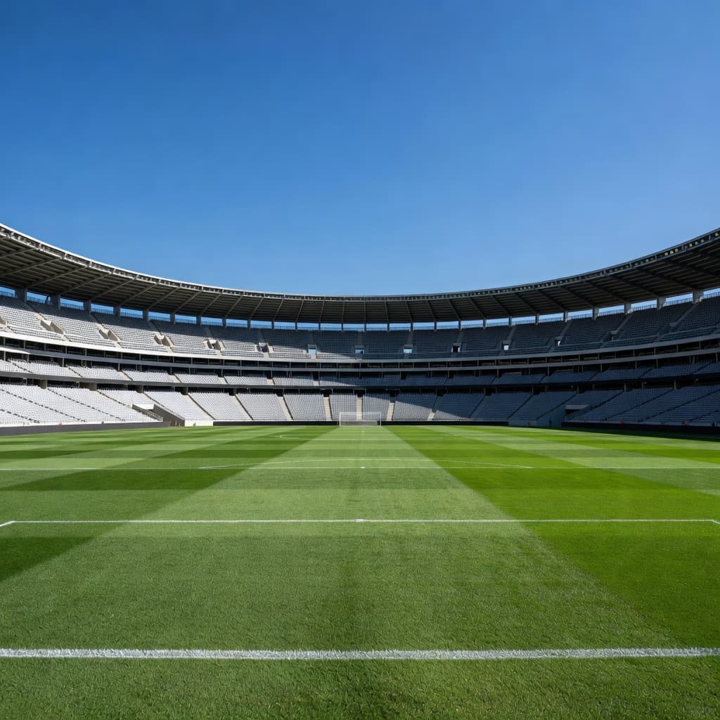 A sprawling professional football stadium features a vibrant, meticulously trimmed grass pitch under a clear sky. The vast, empty tiered seating sections await thousands of cheering fans for upcoming tournament matches.