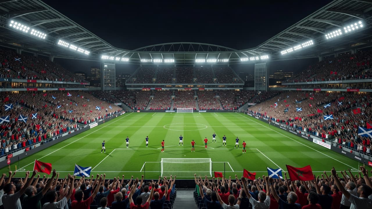 Thousands of passionate fans fill the illuminated stadium seating while players compete on a perfectly manicured grass pitch. Brilliant floodlights create a vibrant atmosphere for this high-stakes night time sporting event.