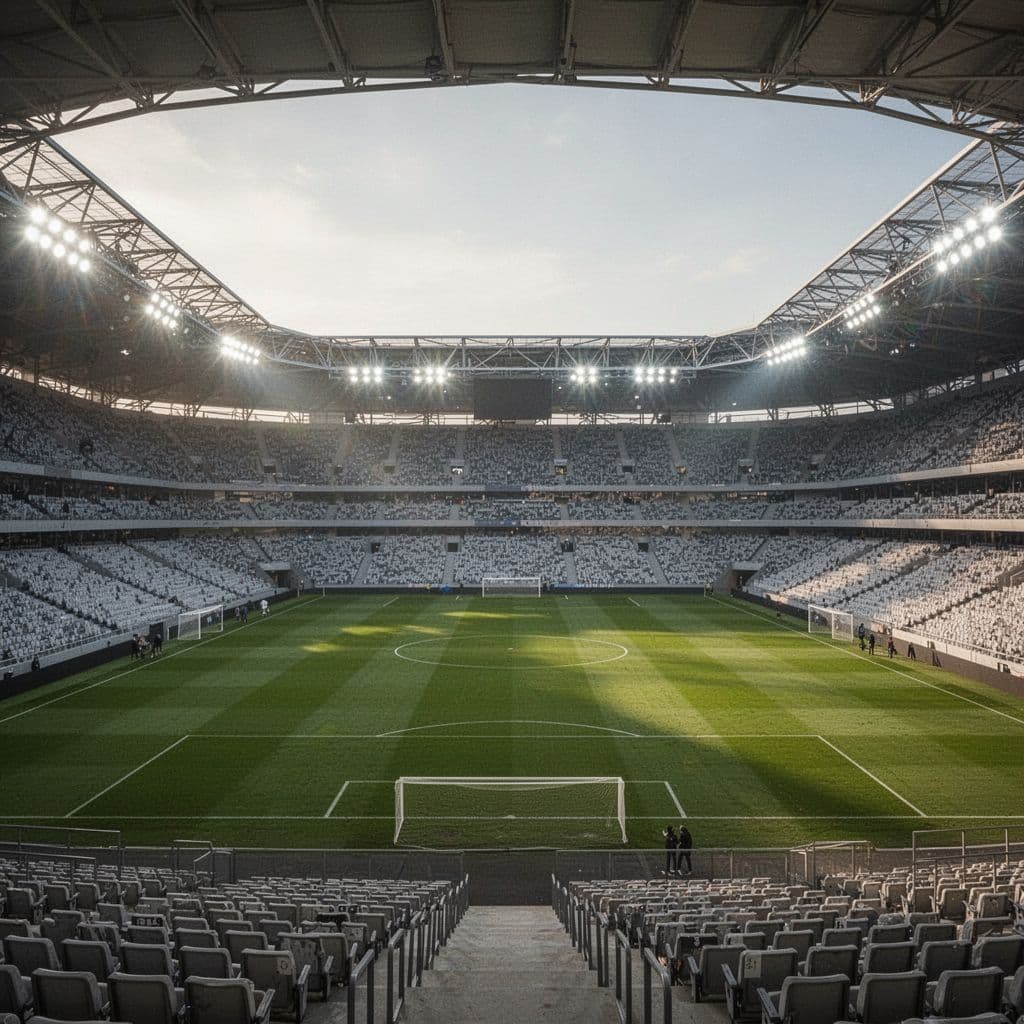 A vast, empty soccer stadium with perfectly manicured green grass features bright, glowing floodlights under an evening sky. The wide-angle view captures the pristine tiered seating awaiting an international match crowd.