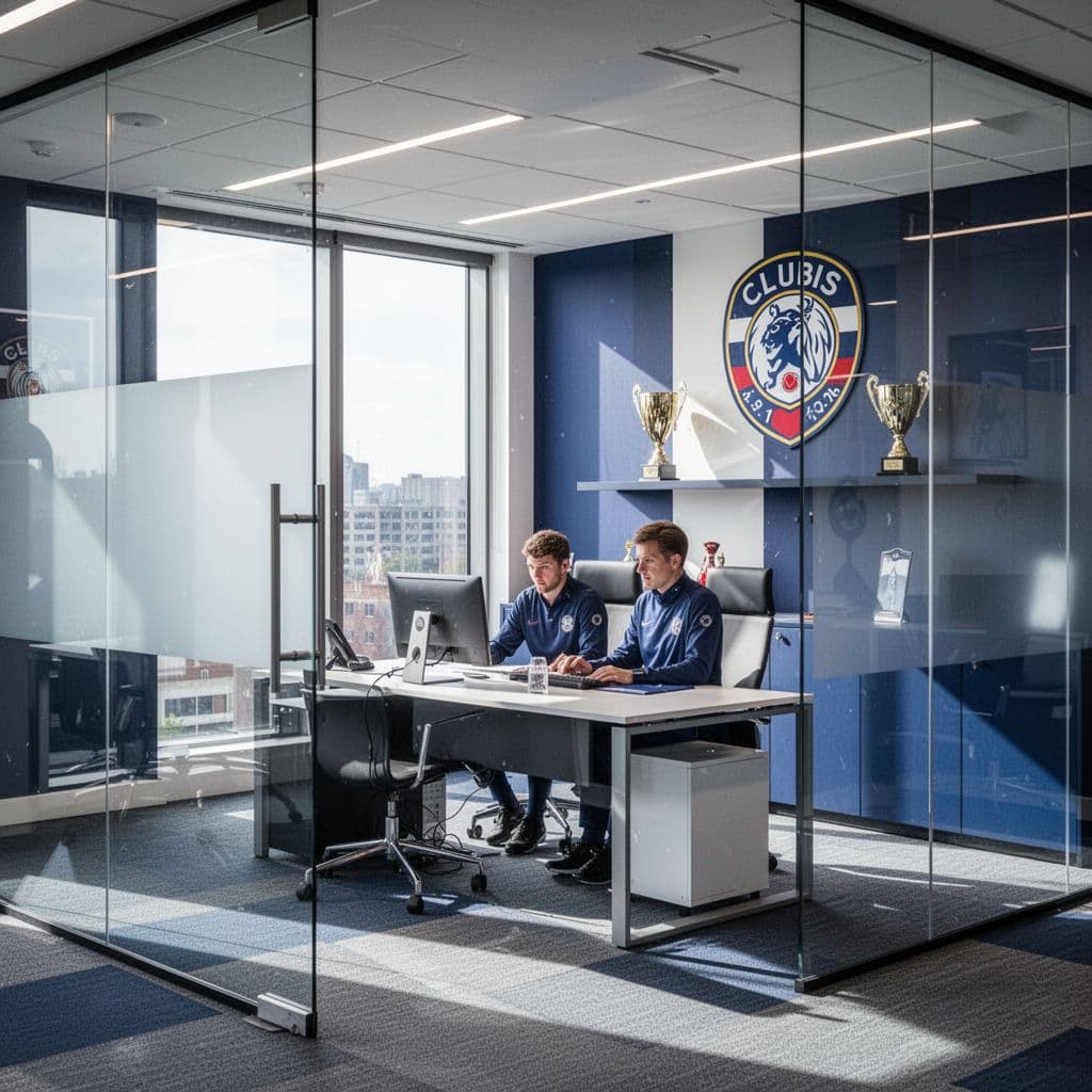 A professional working in a sleek office space featuring a desk, glass partitions, and a trophy display.