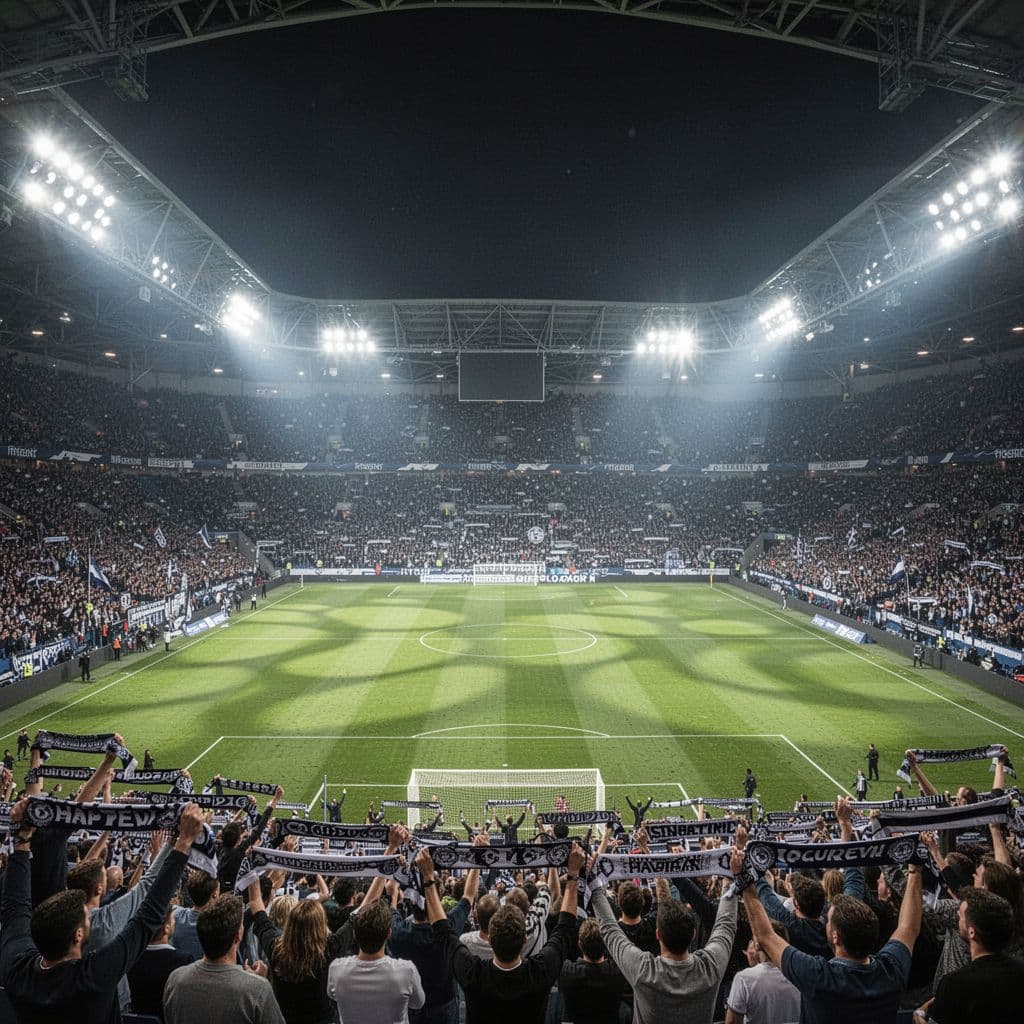 An expansive, illuminated soccer stadium is filled with thousands of cheering fans under bright floodlights.