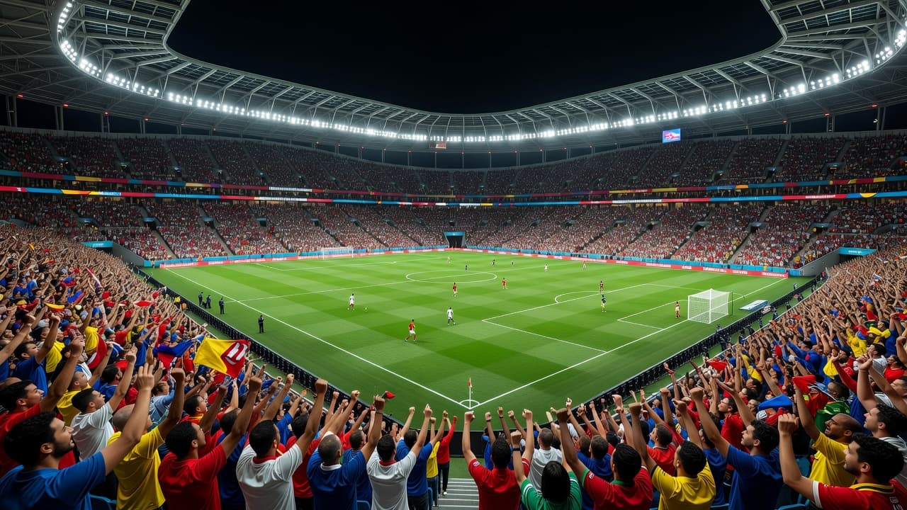 A sprawling professional stadium filled with thousands of cheering fans under bright floodlights. The vibrant green grass of the pitch stretches across the center as the match energy reaches a climax.