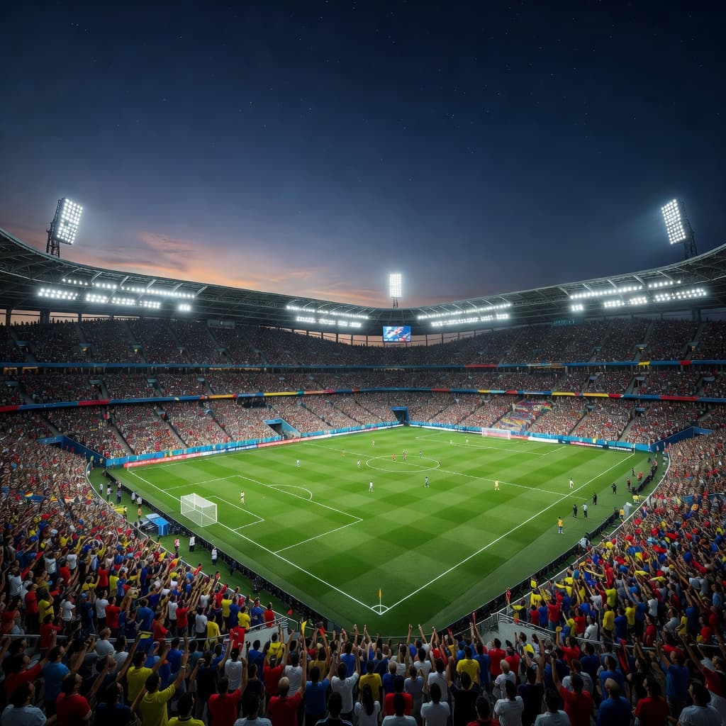 A massive open-air stadium in the United States glows under evening stadium lights. Thousands of spectators fill the tiered seating sections while the vibrant green pitch remains perfectly manicured for kickoff.
