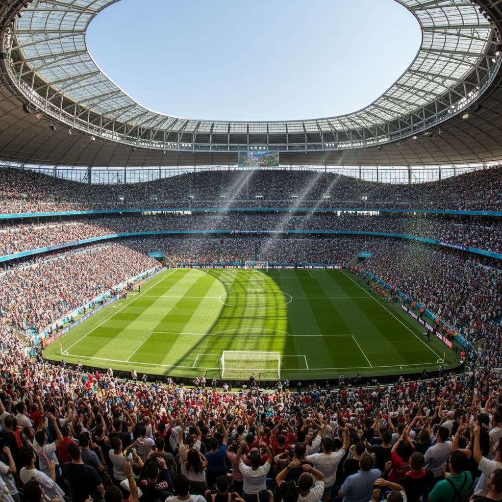 A sprawling, modern soccer stadium filled with cheering fans under a clear blue sky.