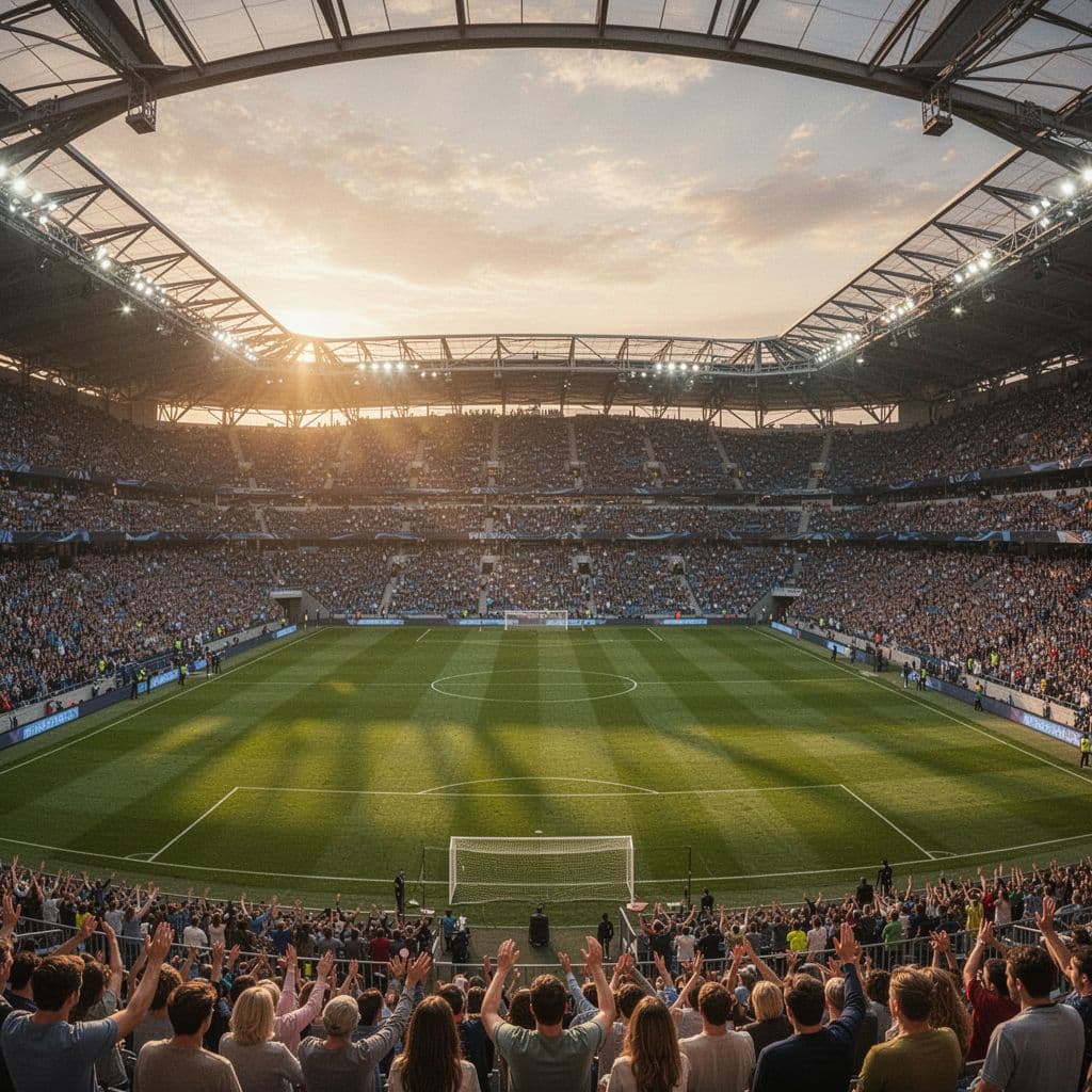 A grand, empty soccer stadium with a pristine green pitch glows under soft twilight lighting.