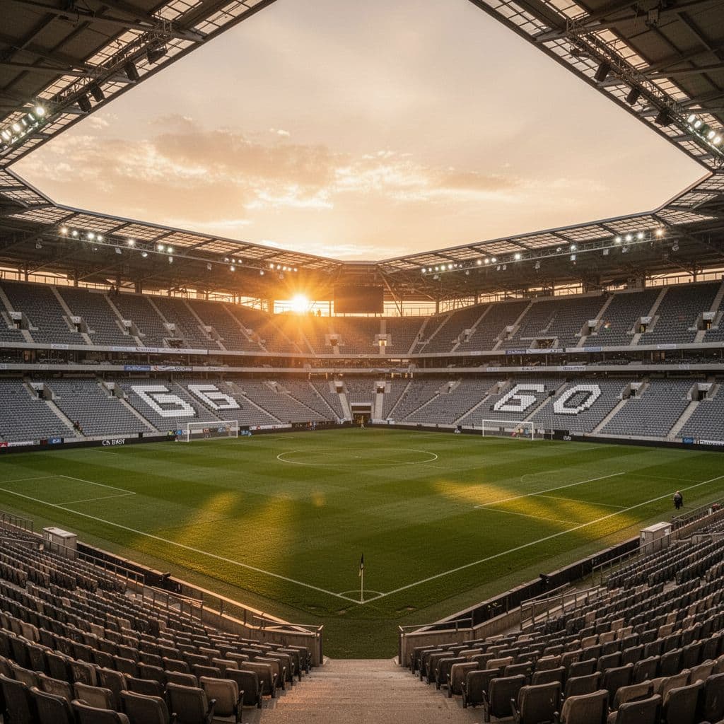 A wide angle view of an empty professional sports stadium illuminated by warm sunset light.