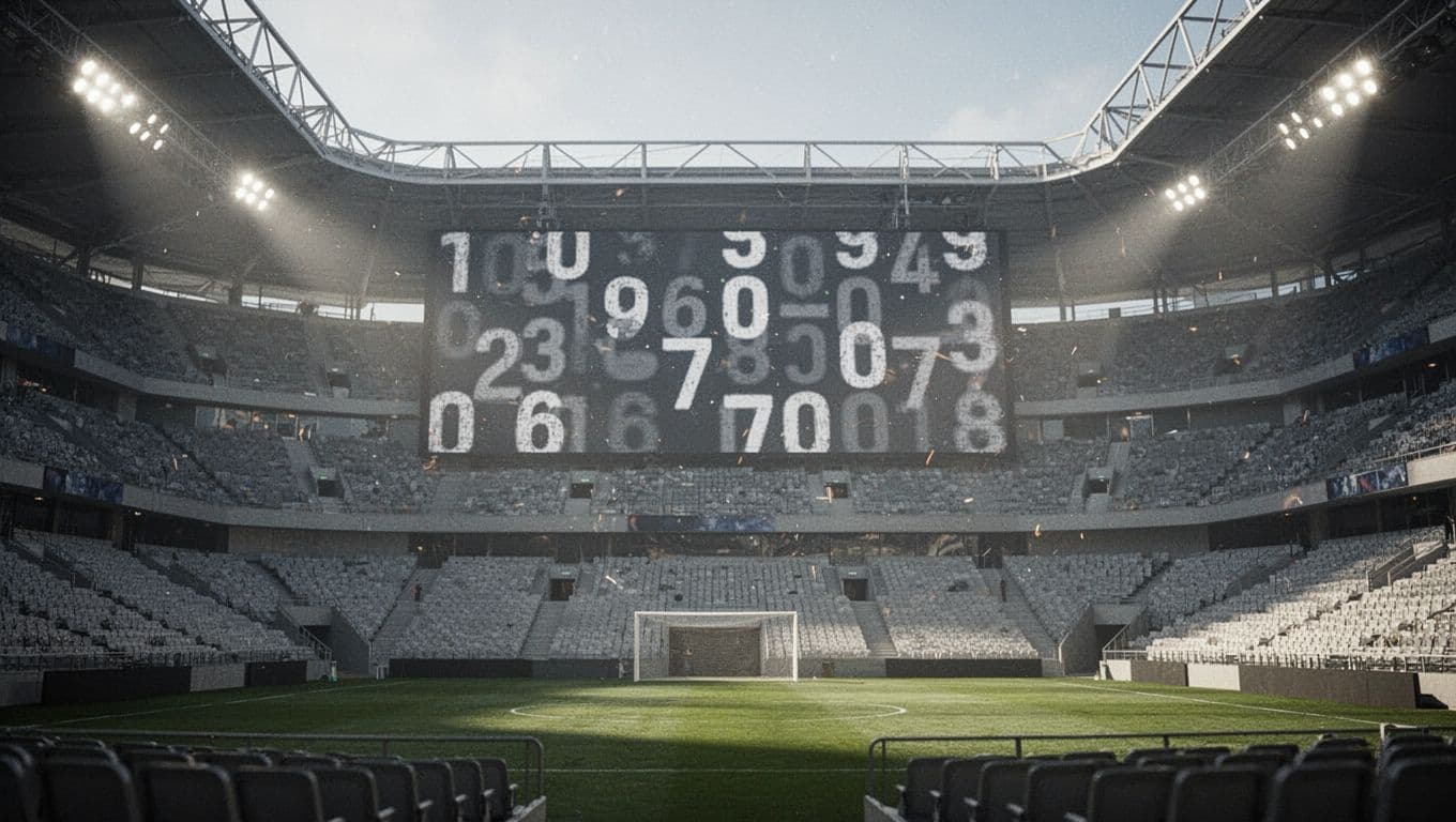 Wide shot of empty modern stadium with digital scoreboard showing blurred team standings list.