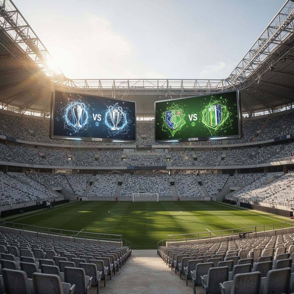 Large digital screens displaying team performance statistics inside a bright, empty sports stadium.