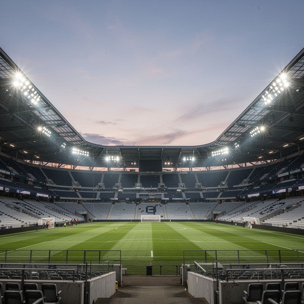 Wide-angle view of empty modern stadium at dusk with bright floodlights illuminating architecture.