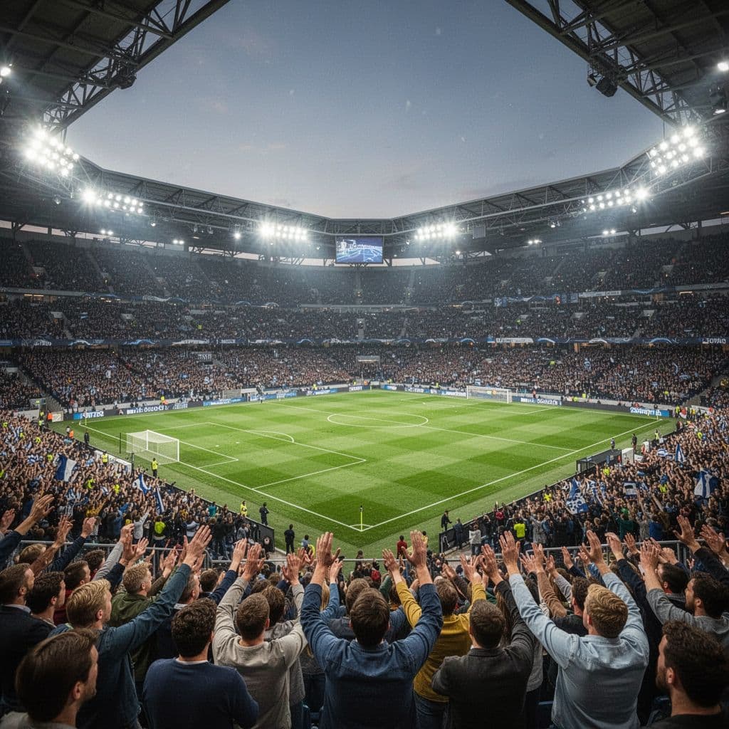 A crowded modern stadium illuminated by bright floodlights overlooking a professional green football pitch.