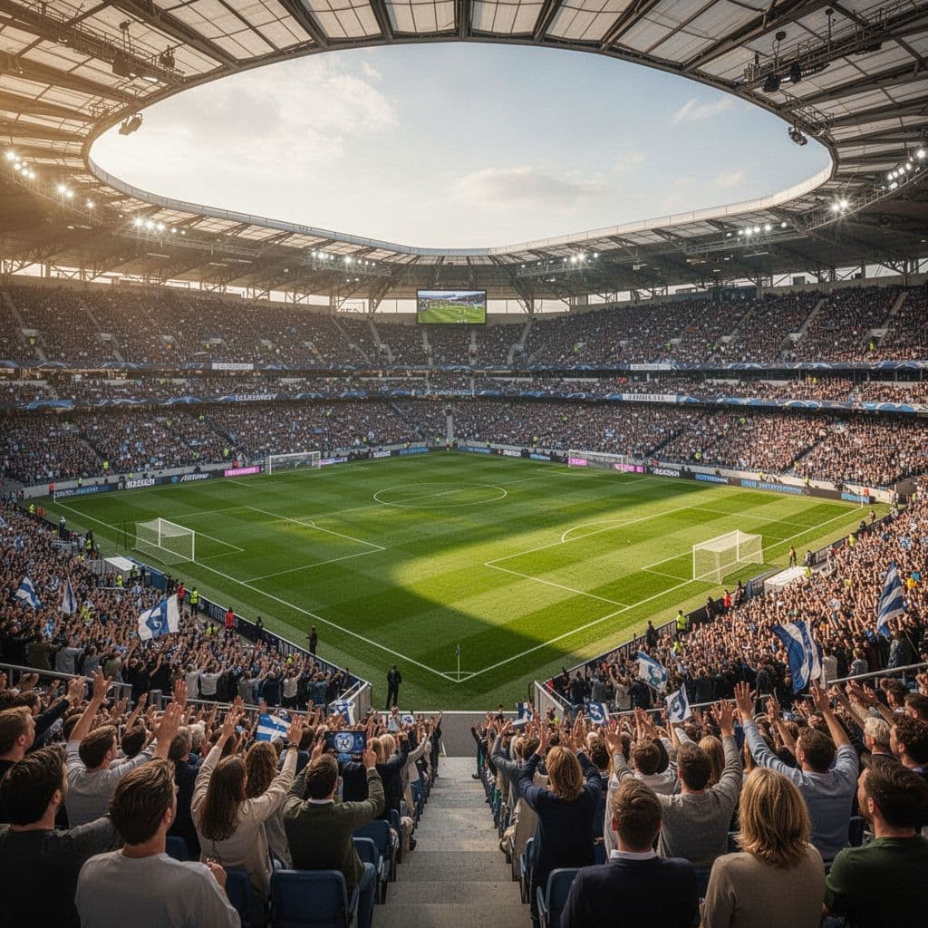 A view from the stands of a crowded, sunlit football stadium with a well-maintained green pitch.