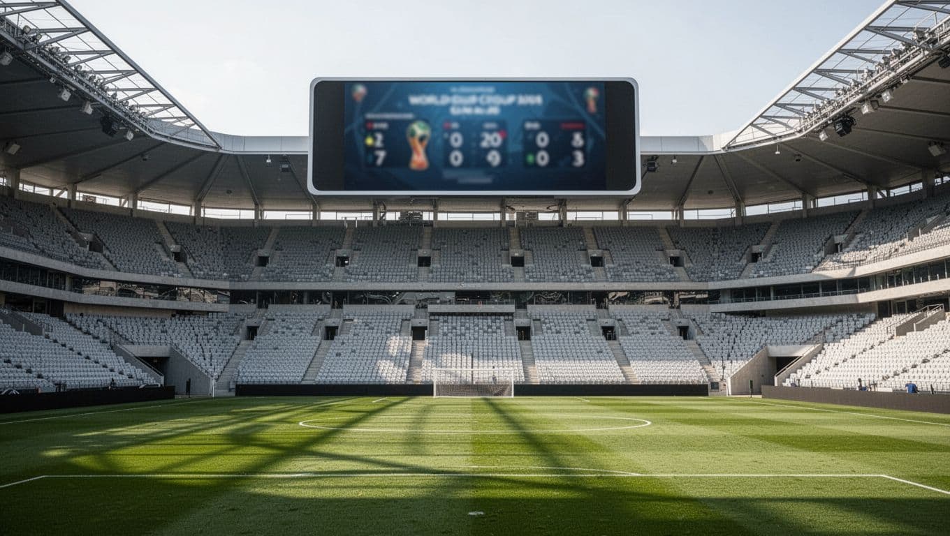 A high-angle view of a large digital stadium screen showing faint match statistics under bright daylight. The expansive empty grass pitch is bathed in natural sun during a quiet moment.