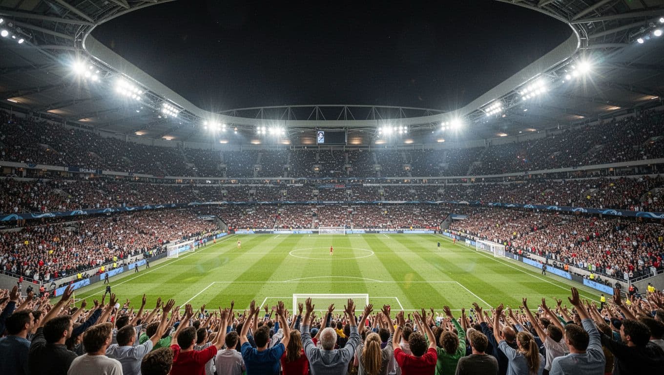 A sprawling illuminated stadium at night filled with a massive crowd during a high-stakes match. Intense floodlights cast a brilliant glow over the grass pitch while thousands of spectators occupy seats.