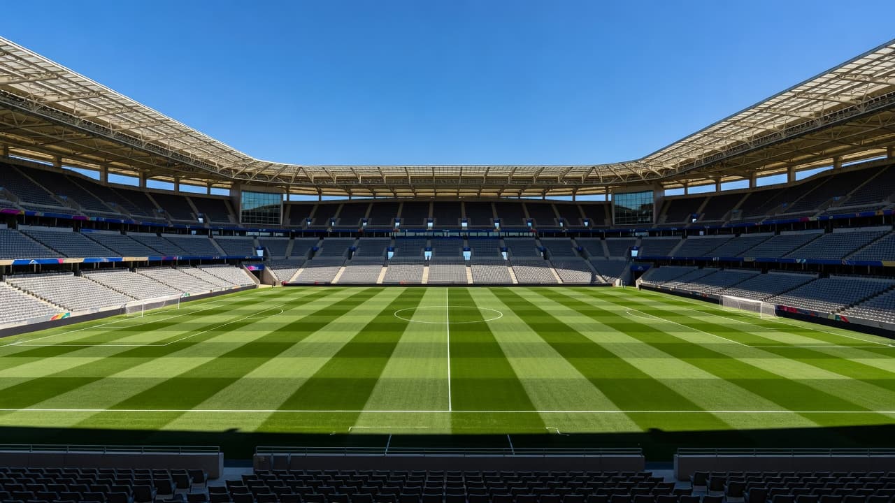 A pristine soccer pitch features perfectly mowed emerald grass under a brilliant blue sky. The expansive empty grandstands rise in layers, awaiting the arrival of fans for a global tournament match.