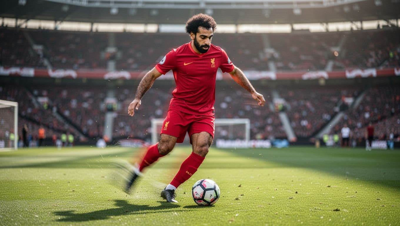 Mohamed Salah in red Liverpool jersey dribbles ball on green pitch with blurred Anfield background.