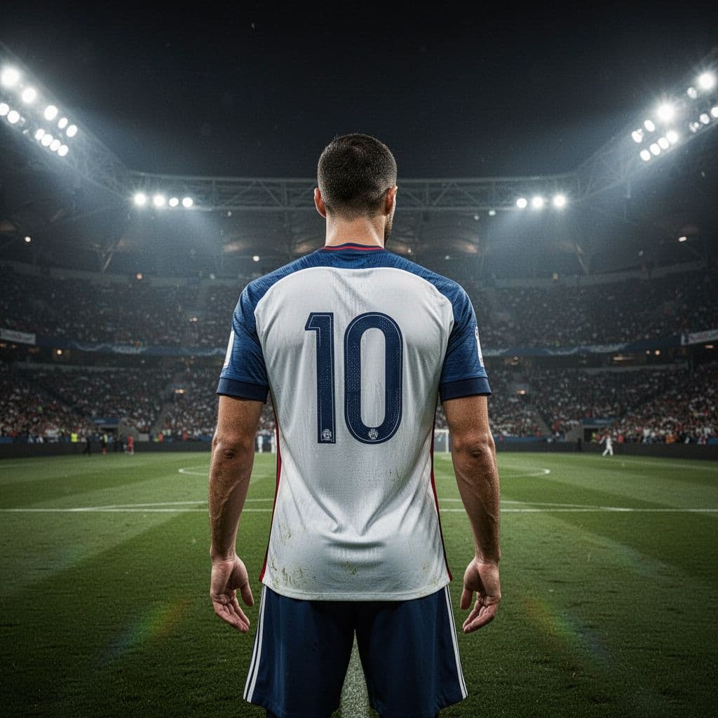 A professional football player wearing an Egyptian national jersey with the number ten stands on a green pitch. Dramatic stadium floodlights illuminate the athlete against a dark, empty evening background.