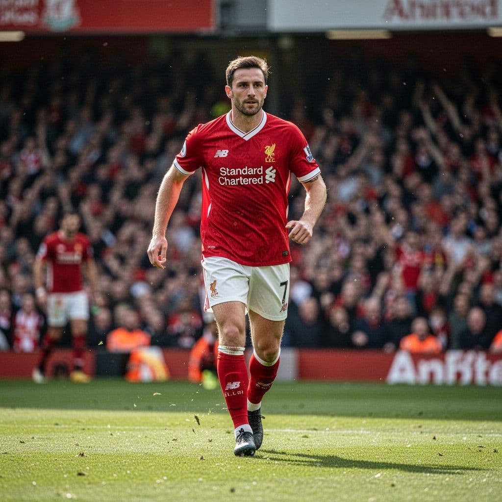 A focused professional footballer in a red jersey stands on the vibrant green Anfield pitch.
