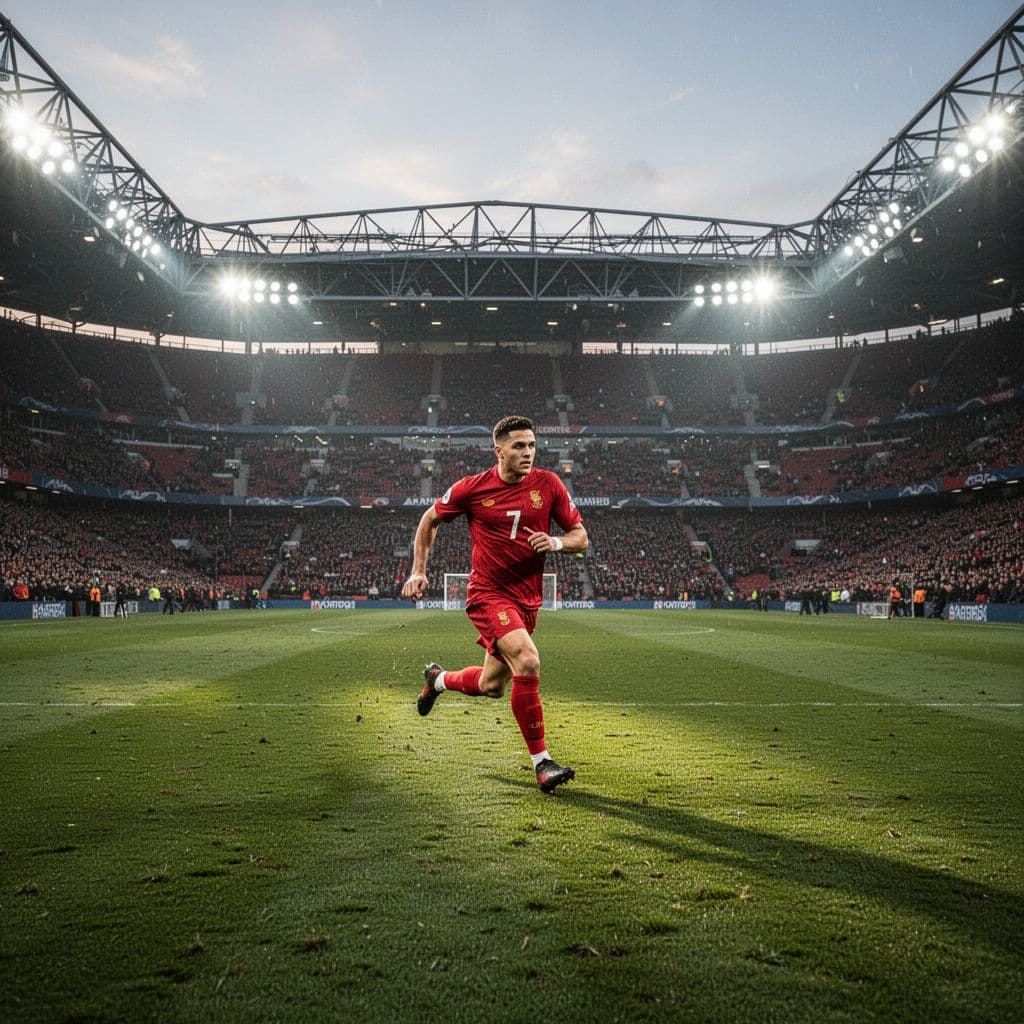 A Liverpool player in a red kit runs across the green grass of the stadium under bright lights.