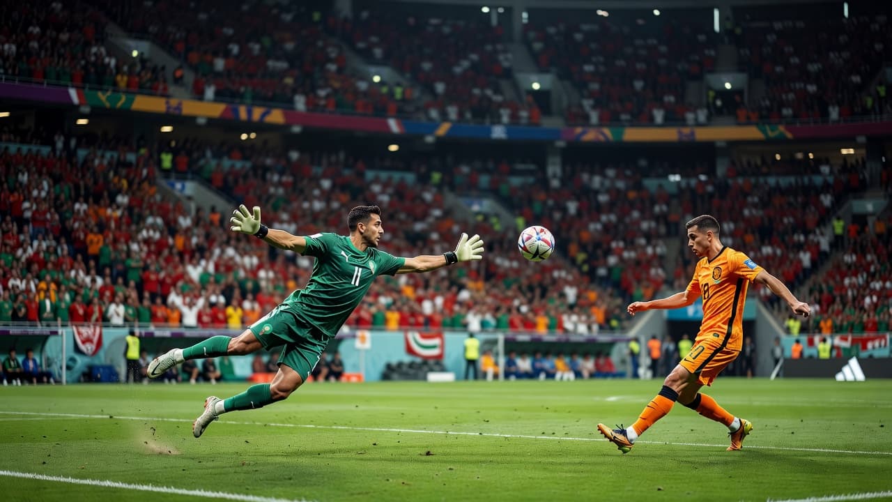 Penjaga gawang berbaju hijau terbang menepis bola tendangan pemain Belanda berjersey oranye. Suasana stadion megah terlihat penuh sesak oleh penonton yang kabur di latar belakang, menciptakan atmosfer pertandingan yang sangat menegangkan.