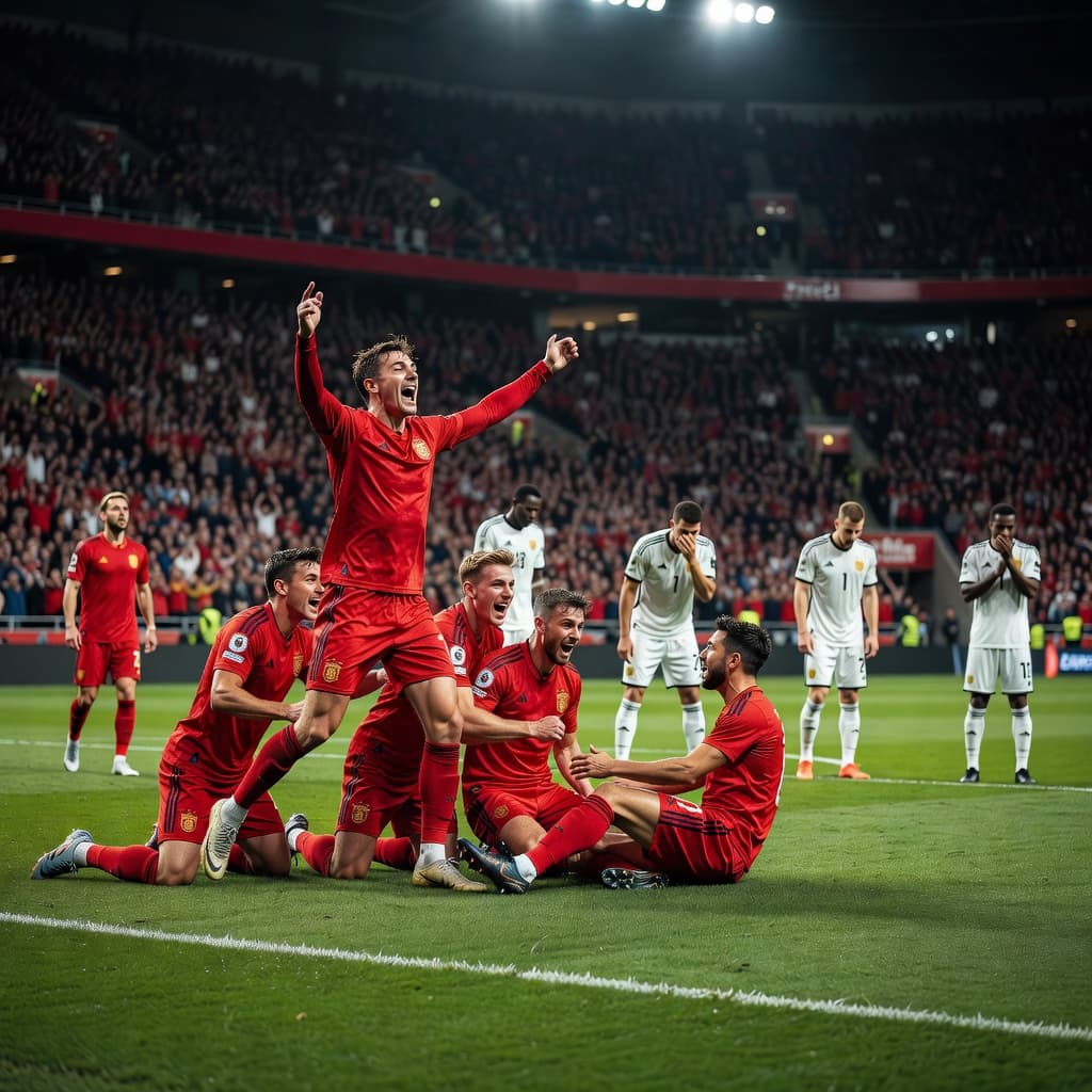 Seorang pemain dengan jersey merah merayakan gol di depan rekan setimnya, sementara pemain lawan berseragam putih menunduk kecewa. Pencahayaan stadion yang terang menyoroti aksi emosional di tengah lapangan hijau yang besar.