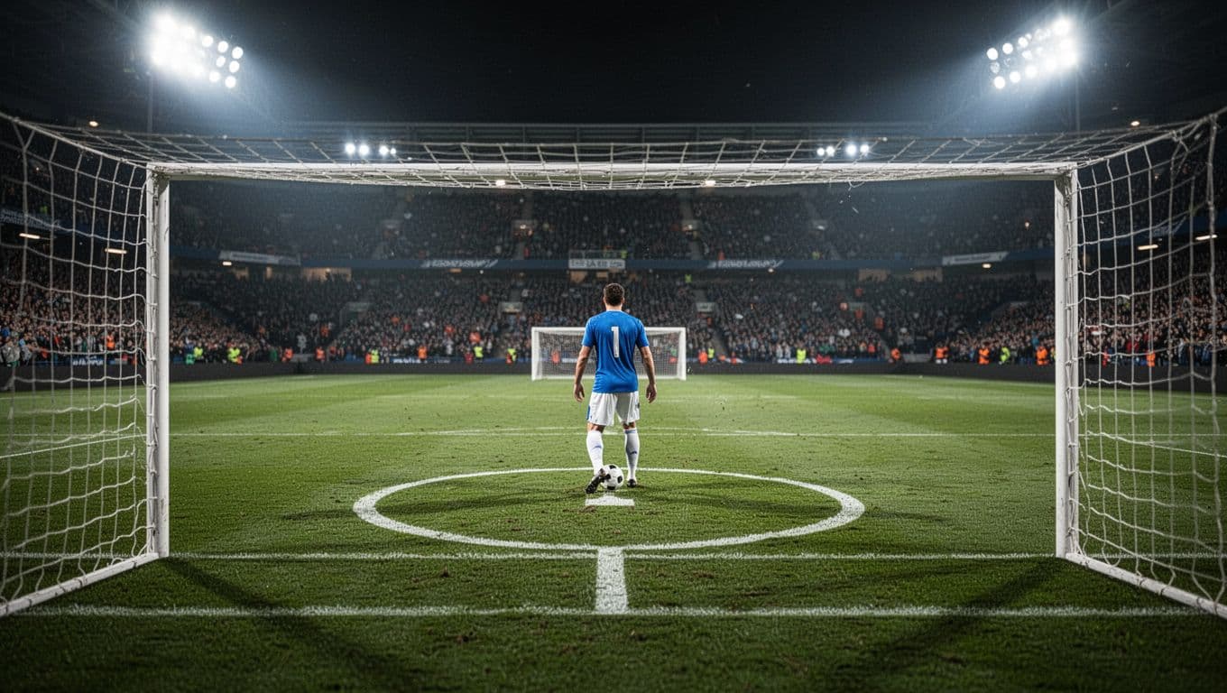Titik putih penalti terlihat jelas di atas hamparan rumput hijau yang dipotong rapi. Lampu sorot stadion yang terang menciptakan bayangan tajam, sementara tribun penonton yang samar dipenuhi suasana penuh ketegangan malam itu.