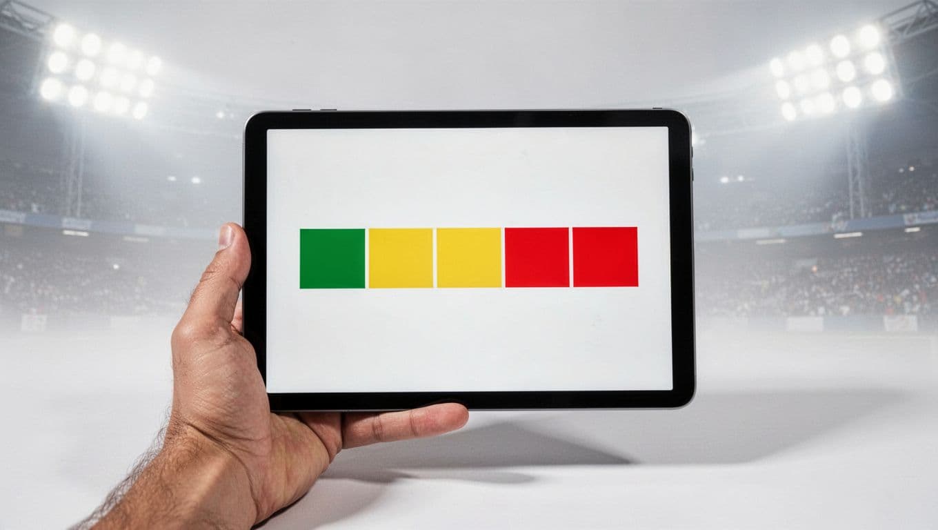 Person views horizontal timeline of AS Monaco's last eight Ligue 1 results on tablet: green wins, yellow draws, red losses.