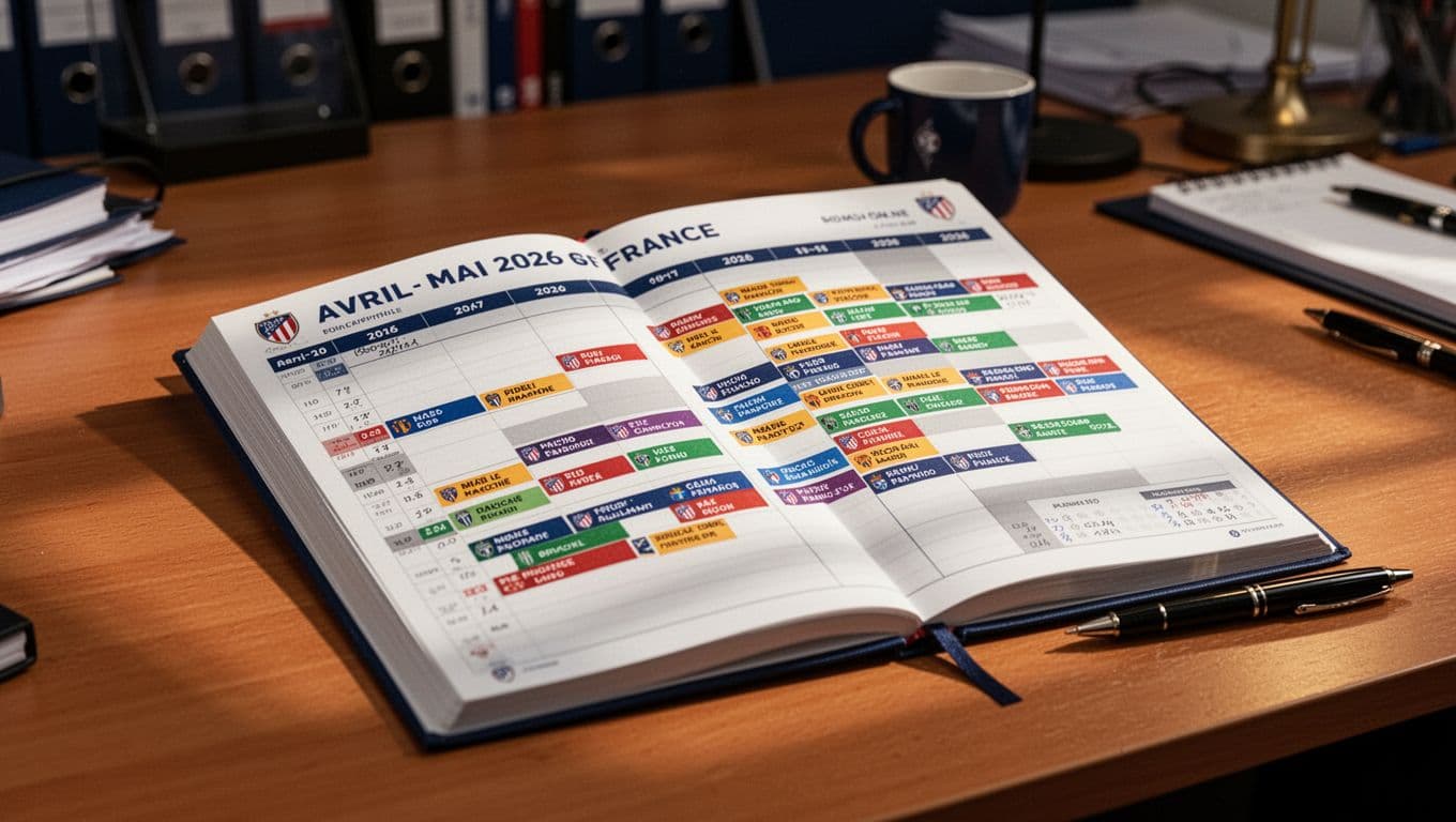 Calendar on coach's office desk shows packed AS Monaco Ligue 1 matches overlapping in April-May 2026.