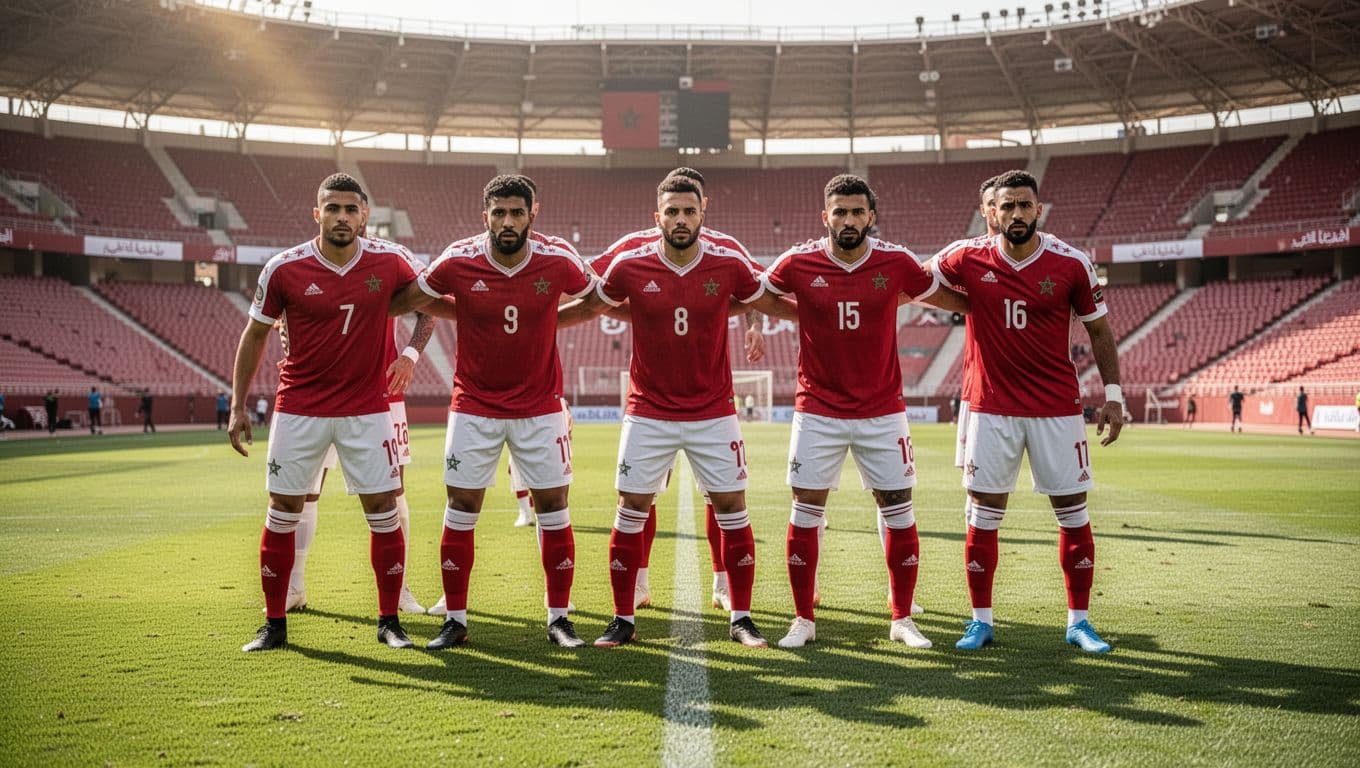Players in red kits maintain a tight, organized defensive line across a lush green pitch. The stadium stands are filled with spectators under bright sunlight during a competitive professional match.