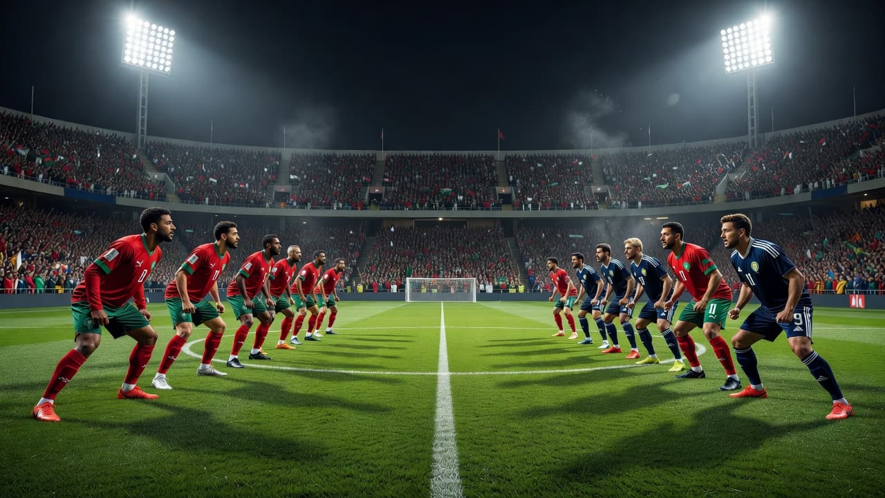 Two competing football teams stand ready on the expansive green pitch under brilliant stadium floodlights. Players maintain focused stances while the cinematic evening atmosphere highlights the tension of the upcoming match.