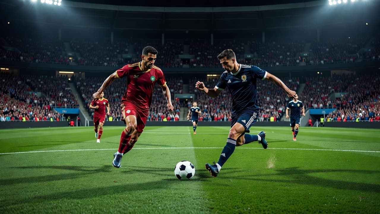 Players sprint across the lush green pitch toward a single white football under bright cinematic stadium lights. The wide-angle view captures the focused competitive energy during a high-stakes group match.