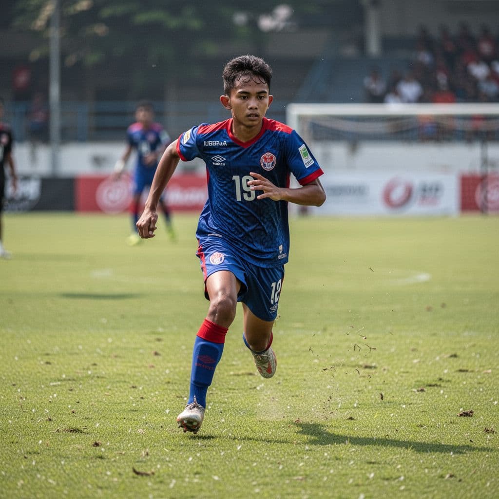 A young Indonesian football player in a blue and red kit runs across a green pitch.