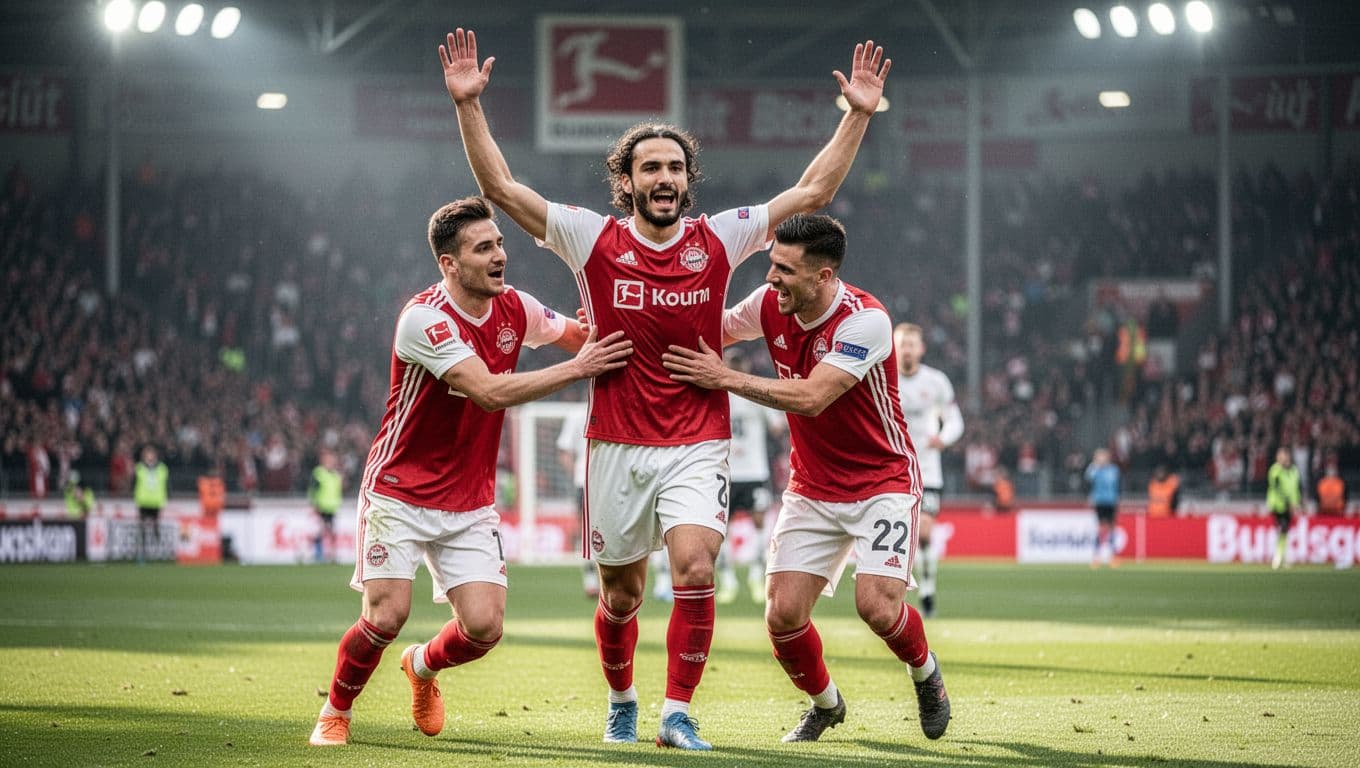 Mainz 05 midfielder Nadiem Amiri celebrates goal by raising arms, two teammates rush to hug him on green Bundesliga pitch at Mewa Arena, stadium lights bright, crowd blurred in background, dynamic action shot from sideline, realistic soccer photography style, vibrant colors, no text or logos, exactly three players total no extra people or hands issues.