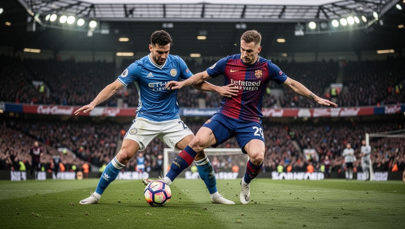 Napoli blue jersey player tackles Bologna red-blue jersey player for second ball in crowded midfield.